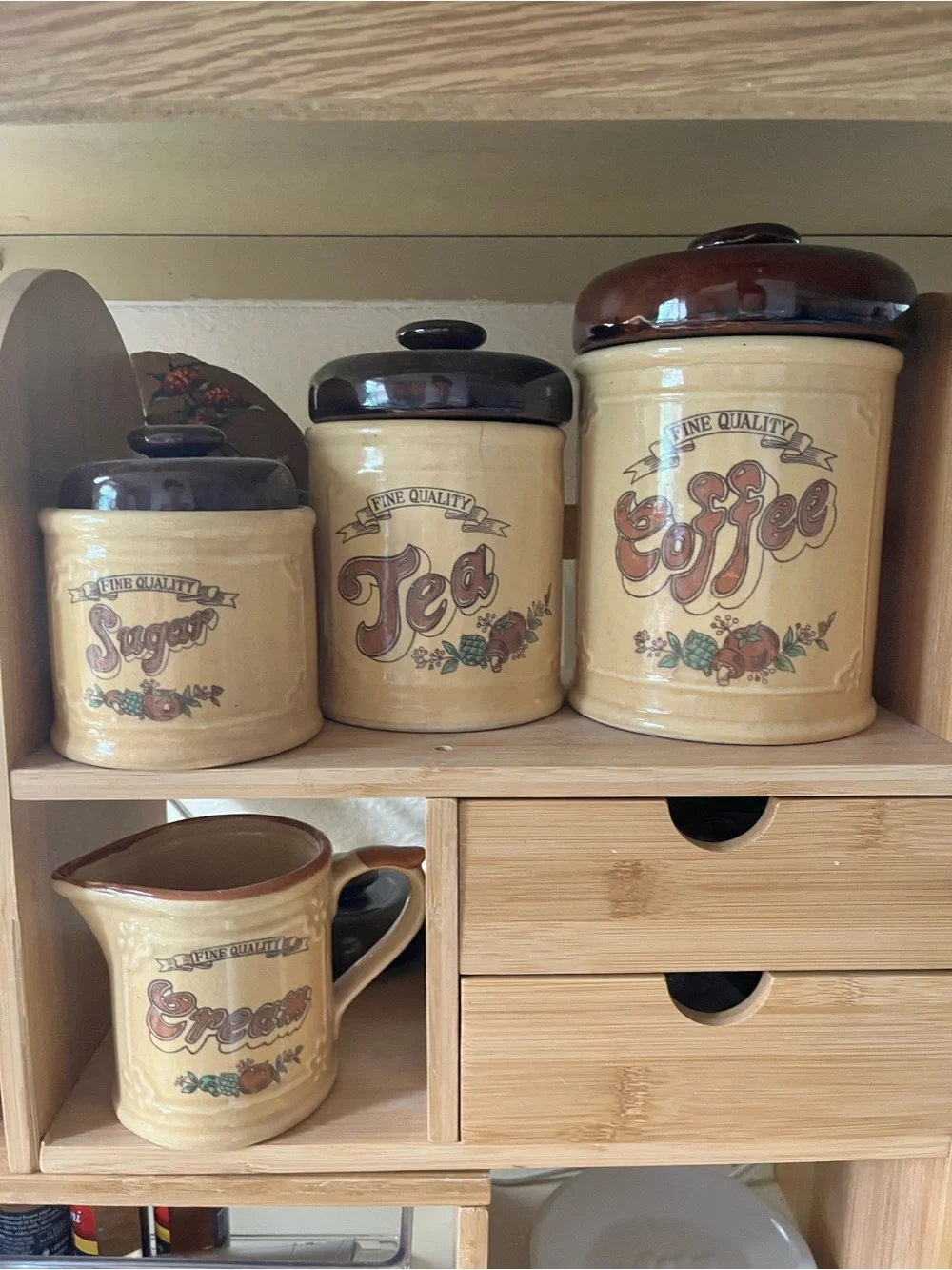 Vintage 1970s Cream and Brown Ceramic Coffee, Tea, Sugar Canister Set